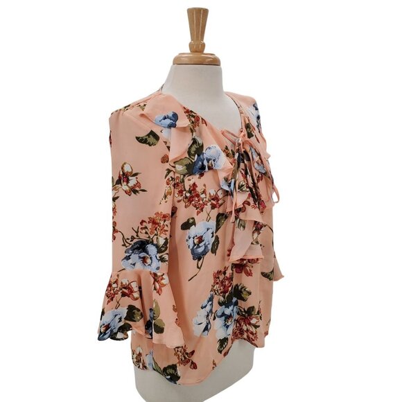 My Michelle Bell Sleeve Ruffle Blouse Size M Floral 3/4 Sleeve Peach Blue Career - Picture 2 of 16